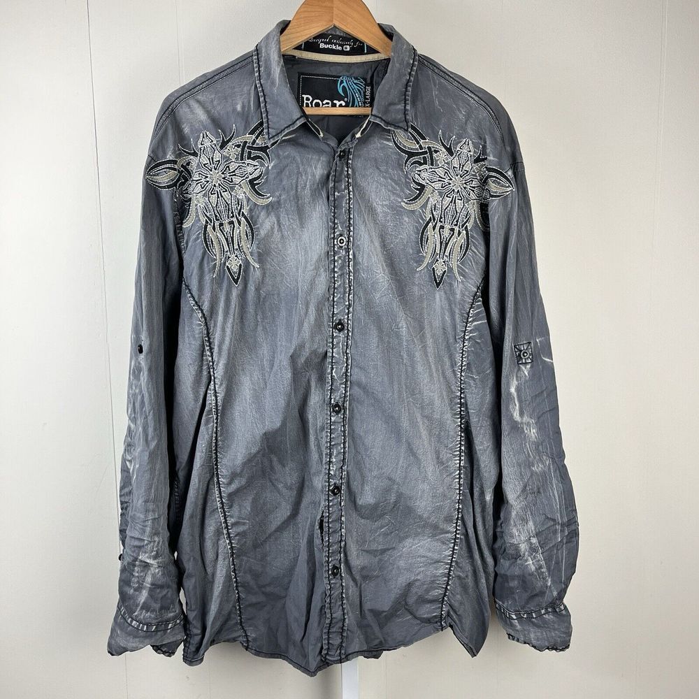 Roar Buckle Superiority Shirt Gray Embroidered Button Up Long Sleeve Y2K Men XXL